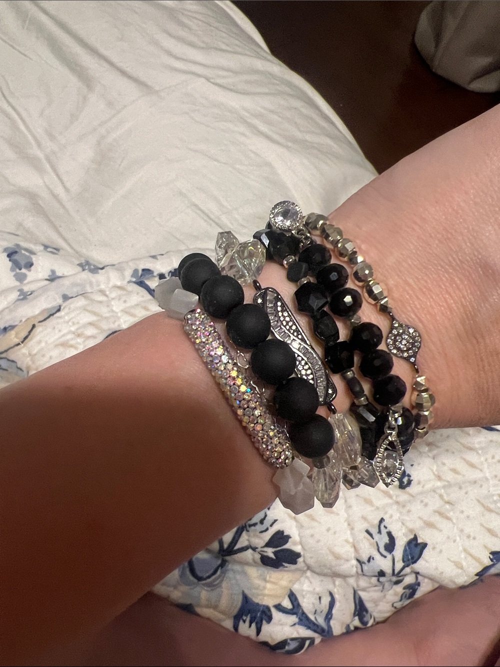 Erimish Black, Clear and Silver Layered Beaded Bracelet Set